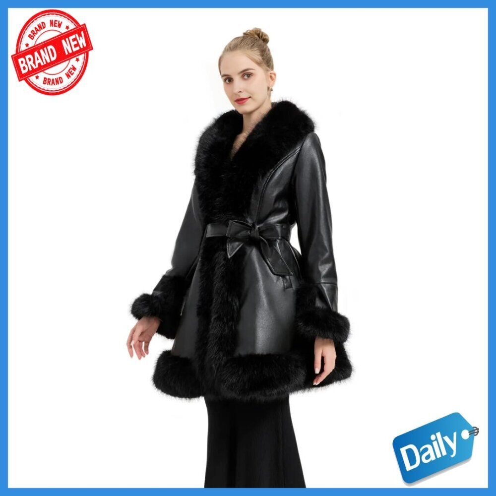 Faux Fur Collar Leather Jacket with Belt and Pockets, Long Sleeve Winter Coat